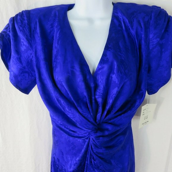 Vintage 80s Knee Length Silk Dress XS Purple Knotted Front Gathered Sleeve NWT - Picture 6 of 12